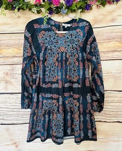 Celina Moon Women’s Blue Boho Puff Sleeve  Crew Neck Mini Dress M NWT - Picture 1 of 12