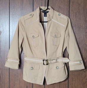 White House Black Market Tan Utility Belted Military Stretch Jacket Size 4 - Picture 1 of 13