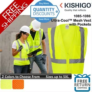 Kishigo Ultra-cool Mesh Vest With Pockets Plastic Zip Safety Up To 5XL 1085-1086 - Picture 1 of 7
