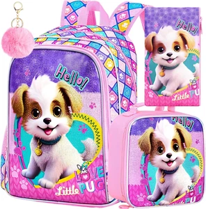 3PCS Kids Backpack for Girls, 16'' Dog Preschool Bookbags with Lunch Box, Cute - Picture 1 of 12