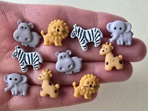 10 Craft Buttons ZOO ANIMAL CUTIES Baby Zebra Giraffe Hippo Lion Elephant Sewing - Picture 1 of 3