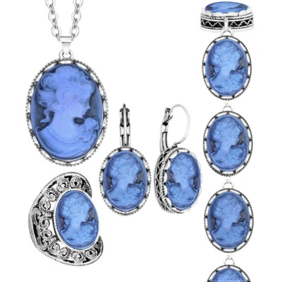 Conjuntos camafeo vintage look azul dama reina para mujer colgante de flores joyería de moda Foto 1 de 4