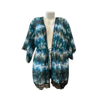 Marisa Christina Women's Multicolor Tie-Front Kimono Slv Cardigan W/ Lace SZ 1X - Image 1 of 4