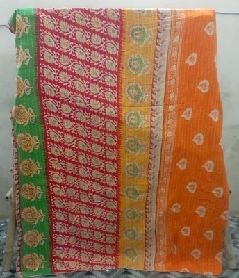 Indian Vintage Twin Kantha Handmade Cotton Quilt Bed Cover Throw Blanket Gudari - Image 1 of 2
