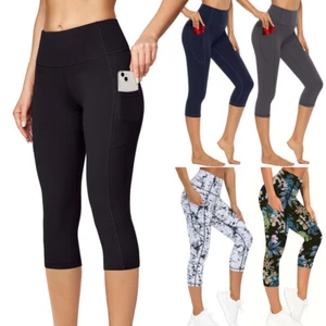 UK Women High Waisted Capri 3/4 Leggings Gym Yoga Sports Shorts Cropped Trousers - Picture 1 of 26