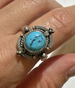 Navajo? Blue Turquoise Sterling Silver 7.7g Size 8 Solitaire Chunky Ring - Picture 1 of 8