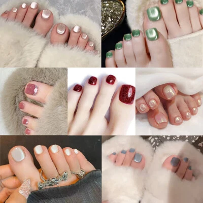 False Toe Nails French Manicure Fake Press On Full Cover Natural 24pcs, w/ Glue" - Image 1 of 4