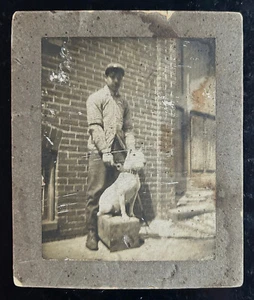 Man and Dog on Street B/W Photograph Mounted Vintage Antique - Picture 1 of 2