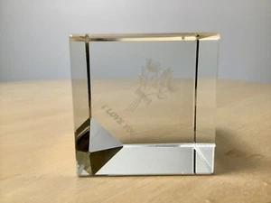 Vintage Glass Etched Prism "I Love You" Roses Paper Weight Decor - Picture 1 of 5