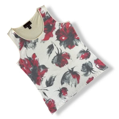Blusa sin mangas Dana Buchman floral de lentejuelas marfil rojo gris mediana usada en excelente estado Foto 1 de 4