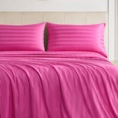 Juego de sábanas Regal Dreams satén a rayas damasco completo de 4 piezas 100 % algodón, rosa intenso  Foto 1 de 4