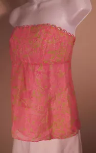 LILLY PULITZER Women's Pink Green Print Strapless Silk Blouse Sz 2 - Picture 1 of 5