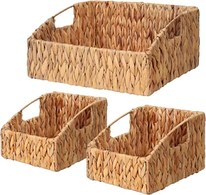 Natural Water Hyacinth Storage Baskets, Handwoven Wicker Storage Bins with Built - Picture 1 of 12