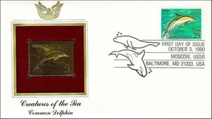 Common Dolphin Sea Animals Russian USA Golden Gold 22k Plated Stamp FDC 1990 - Picture 1 of 1