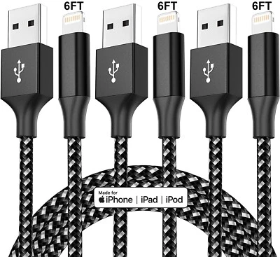 3PCS Nylon Braided Lightning to USB Charging & Data Sync 6FT Cable MFi Certified - Image 1 of 4