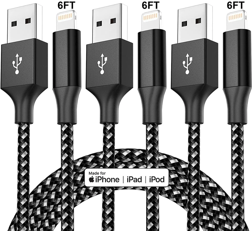 3PCS Nylon Braided Lightning to USB Charging & Data Sync 6FT Cable MFi Certified - Image 1 of 4