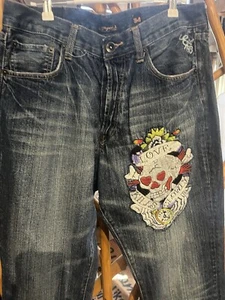 Ed Hardy Distressed Button Fly Herren Größe 34x32 Jeans Baggy Ed Logo Tasche Y2K - Bild 1 von 8