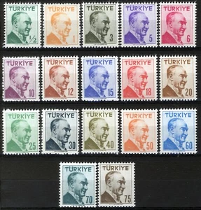 Turquía 1956, Sellos definitivos, Juego Kemal Atatürk MNH, Mi 1492-1508 - Imagen 1 de 1