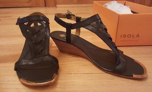 Isola Parvati Leather Wedge Sandals Size 8 Black - Picture 1 of 7