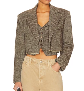Steve Madden Womens Crop Jacket Herringbone Rupi Blazer Brown Tweed Sz XS - Picture 1 of 16