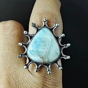Natural Larimar Pear Gemstone 925 Sterling Silver Proposal Women's Ring - Picture 1 of 5