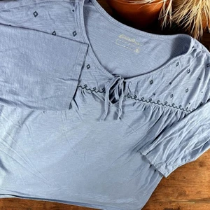 Eddie Bauer Top Women L Blue Tie Neck Embroidered Boho Tunic 3/4 Sleeve Garden - Picture 1 of 9