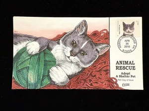 FDC COLLINS HAND-PAINTED CACHET #4455 ANIMAL RESCUE GRAY, WHITE & TAN CAT - Picture 1 of 2