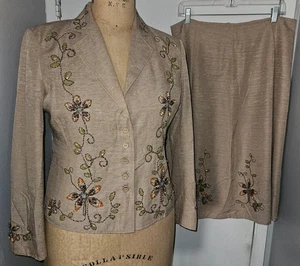 Traje Falda Vintage 2 Piezas Talla 12 SILKLAND Tostado Bordado y Cuentas - Imagen 1 de 13