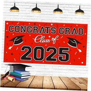 2025 Graduation Party Plastic Backdrop - 65" x 32.7" Congrats Grad Banner Red - Picture 1 of 7