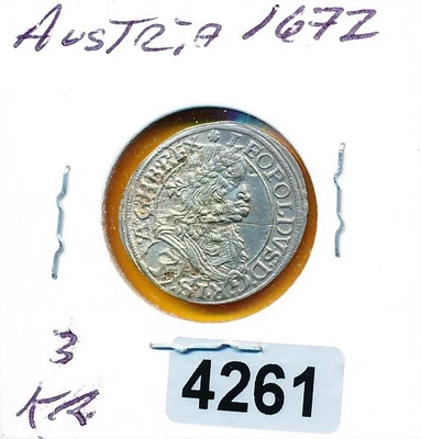 AUSTRIA - 1672 - SILVER 3 KREUZER LEOPOLD - XF - #4261 - Image 1 of 2