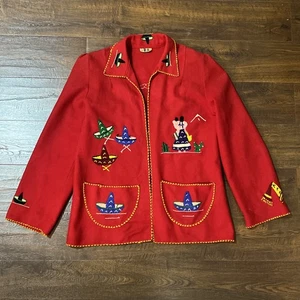 Chaqueta De Lana De Colección Años 40/50 López Mexicana Bordada a Mano Roja Arte Popular Med - Imagen 1 de 24