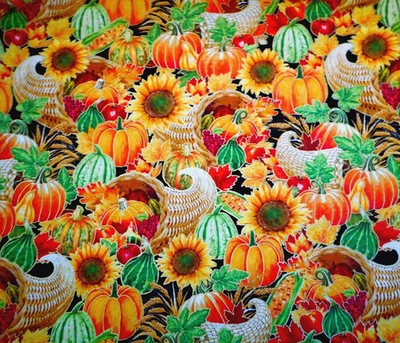 Autumn Fabric By Yard Fall Harvest Pumpkin Corn Metallic Gold Premium Cotton C - Image 1 of 2
