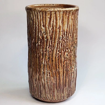 Studio Art Pottery Handmade Textured Drip Glazed Ceramic Tree Log Vase Signed - Image 1 of 4