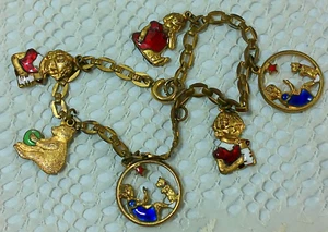 Vintage antik Shirley Temple Emaille Charm Mädchen Bär Hund Stern Kette Gliederarmband - Bild 1 von 18