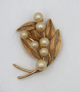 Vintage COROCRAFT Schmuck Anstecknadel/Brosche Kunstperlen filigran Blätter Blumenstrauß SCHÖN! - Bild 1 von 10
