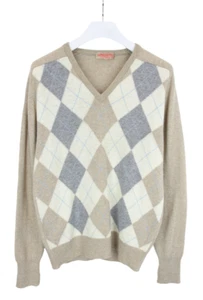 JAEGER Jumper Men's LARGE Pure Lambswool Argyle V-Neck Knit Pullover - Picture 1 of 9