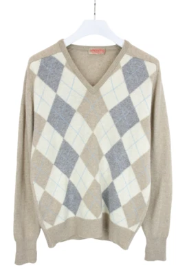 JAEGER Jumper Men's LARGE Pure Lambswool Argyle V-Neck Knit Pullover - Image 1 of 4