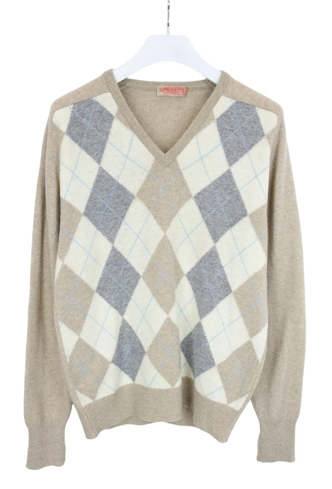 Jaeger Sweater Men Large Pure Lambswool Argyle V-Neck Knit Sweater - Image 1 of 4