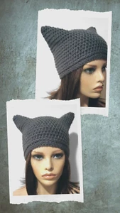 gehäkelte Damen Handarbeit Mütze Kätzchen Katze Ohren Beanie anthrazit grau neu - Bild 1 von 3