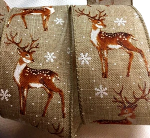 Christmas Deer Snowflakes 2.5" by 5 yards Wired Ribbon Gold Hightights Winter - Picture 1 of 3