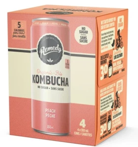 Remedy Organic, No Sugar, Raw, Naturally Caffeinated Kombucha Peach Cans 4x355mL - Picture 1 of 3