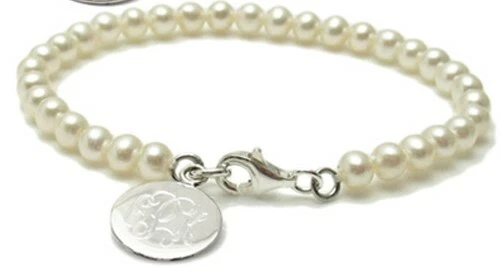 925 Sterling Silver Freshwater Pearl Engravable Child's Round Disc Bracelet - Image 1 of 1