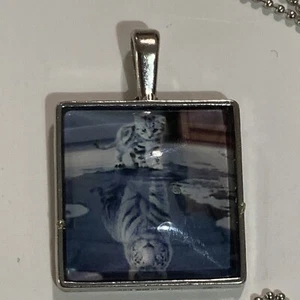 White Tiger Ice Reflection 1” Square Glass Cabochon Silver Pendant 22” Necklace - Picture 1 of 2
