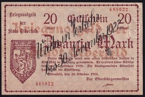 Germany Elberfeld 20 Mark 1918 Vintage WWI Emergency Paper Money Banknote UNC - Picture 1 of 2
