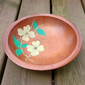 Vintage Munising Wooden Bowl Footed Hand Painted Floral Yellow Flowers - Picture 1 of 10