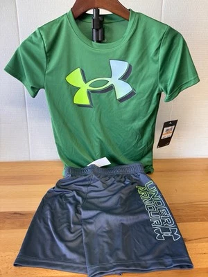 Under Armour Boys Size 7 Short Set Green and Gray UA logo - Image 1 of 4