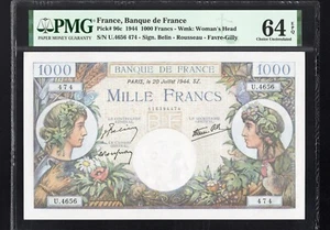 France 1000 Francs P96c 1944 PMG64 Choice UNC EPQ Banknote French BEAUTIFUL NOTE - Picture 1 of 2
