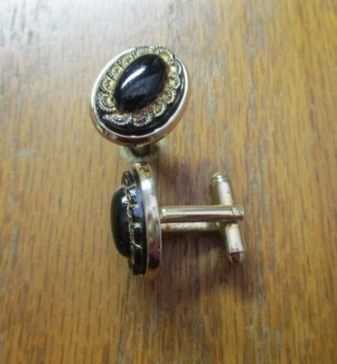 Shields 1950s Ultra Retro Gold Tone Oval Cuff Links Black Onyx Stone Vtg MCM - Image 1 of 4