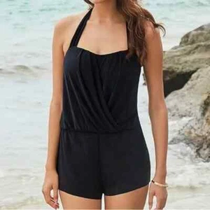 New 2024 MAGICSUIT Women Size 16 Black One Piece Halter Tie Romper Swimsuit - Picture 1 of 16
