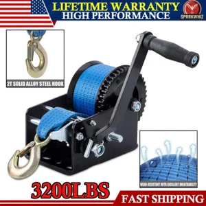 3200LBS Hand Winch Hand Crank 2 Gear Polyester Strap ATV Trailer Boat Heavy Duty - Picture 1 of 12